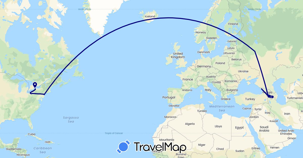TravelMap itinerary: driving in Armenia, Azerbaijan, Canada, Georgia, Russia, United States (Asia, Europe, North America)